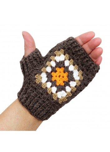 Women's Wool Brown Gloves Floral Pattern Knitted Adult